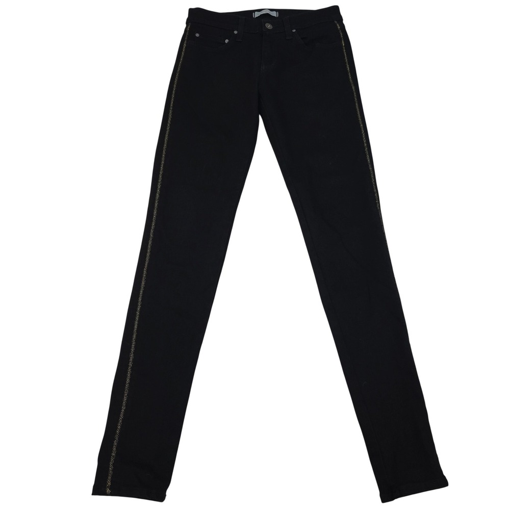 Principle Denim Dreamer Skinny Jeans 26 Black Gold Metallic Stripe Tuxedo USA